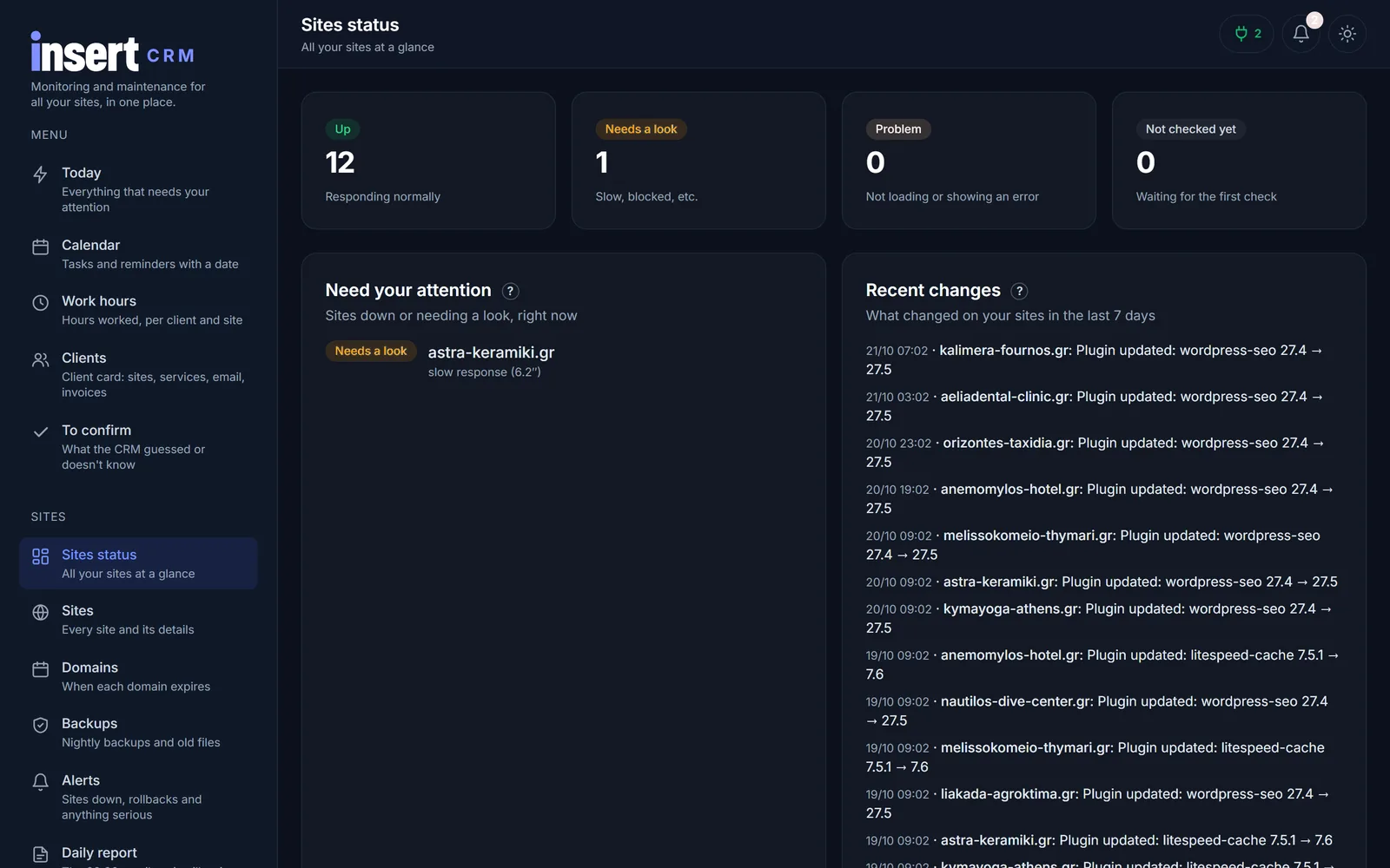 INSERT CRM, sites status (sample data)